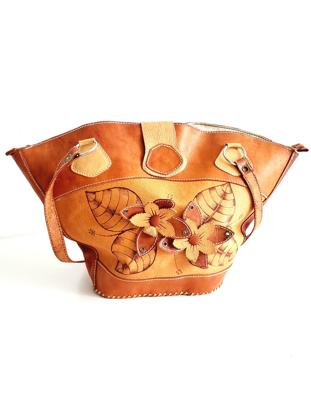 Handcrafted Floral Tooled Leather Tote Bag - Tan